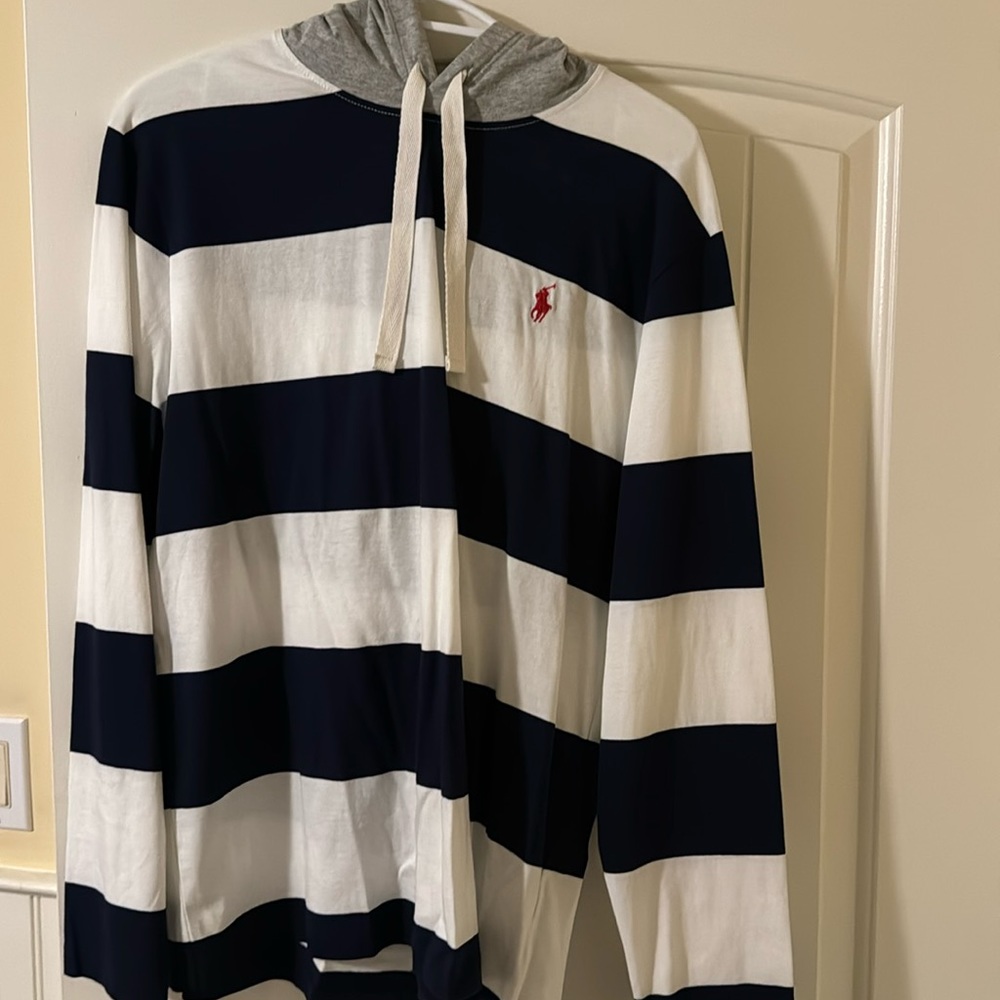 Polo Ralph Lauren white and blue striped long sleeve shirt with a hood